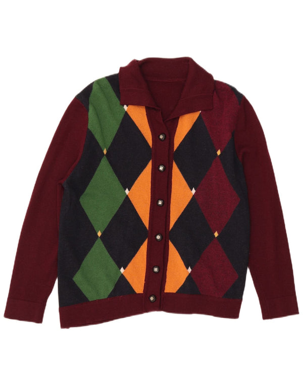Pulover Cardigan Vintage pentru femei UK 12 Medium Burgundy Argyle/Diamond