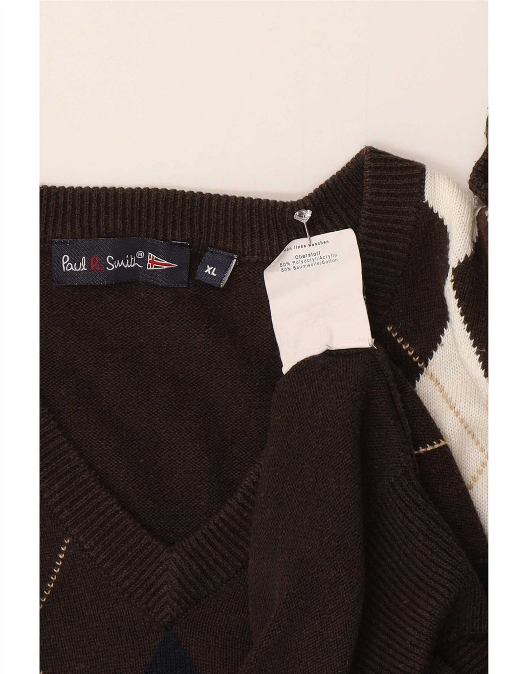 Pulover cu decolteu în V Paul Smith pentru bărbați XL maro Argyle/Diamond
