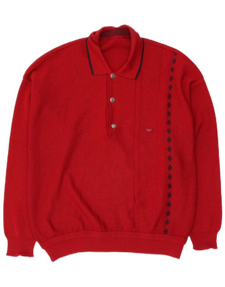 Pulover vintage pentru bărbați cu gât polo, roșu mediu, geometric
