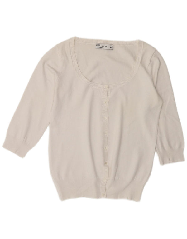 Pulover cardigan pentru femei Zara cu mâneci 3/4 UK 14 bumbac alb mediu
