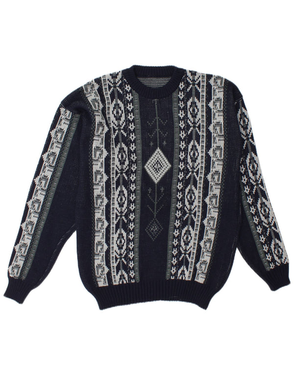 Pulover vintage pentru bărbați cu gât roșu, mare, bleumarin, Fair Isle