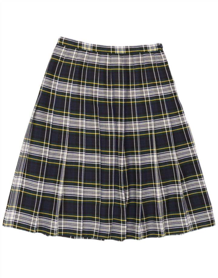 Fusta plisată cuțit vintage pentru femei W28, poliester în carouri albastru marin mediu