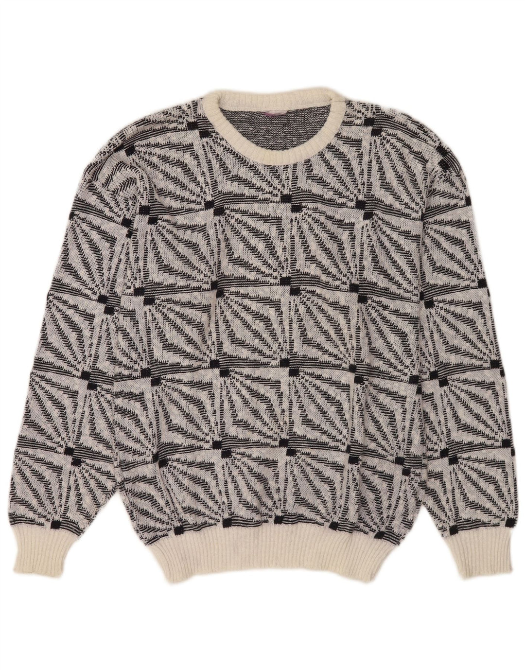 Pulover vintage pentru bărbați cu decolteu rotund alb mediu geometric