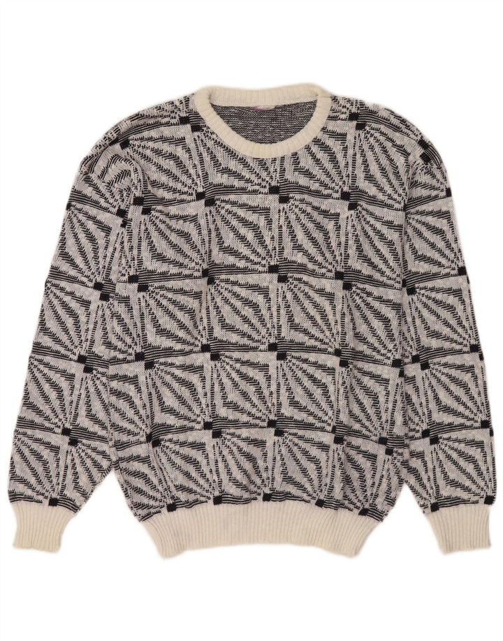 Pulover vintage pentru bărbați cu decolteu rotund alb mediu geometric