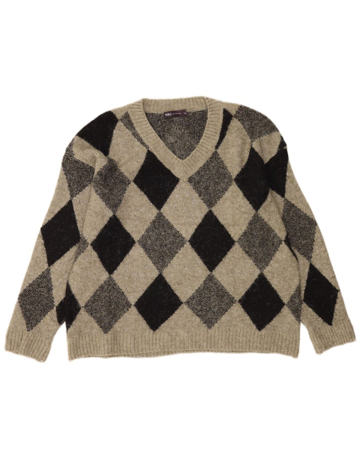 Pulover pentru bărbați Marks & Spencer, cu decolteu în V, mediu kaki Argyle/Diamond