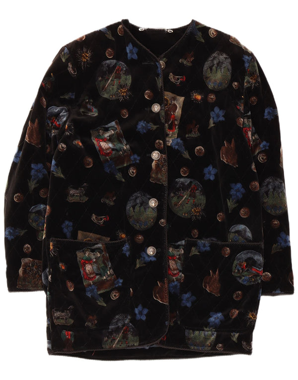 Pardesiu din catifea cu grafică vintage pentru femei UK 12 Medium Black Floral