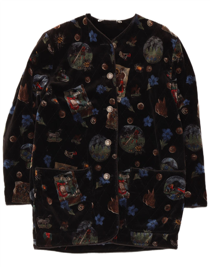 Pardesiu din catifea cu grafică vintage pentru femei UK 12 Medium Black Floral
