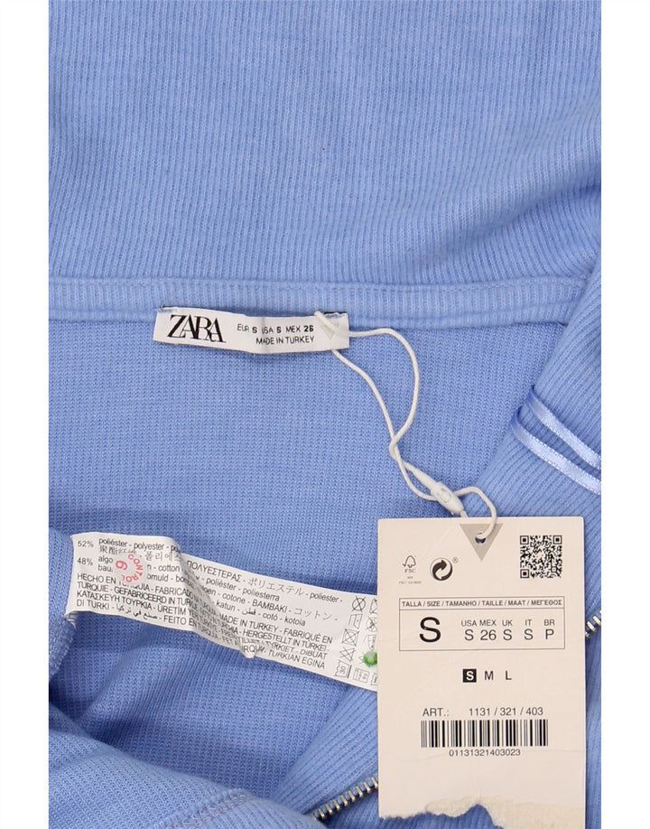 Pulover de damă ZARA cu paragate, cu fermoar, cu gât, UK 10, poliester albastru mic
