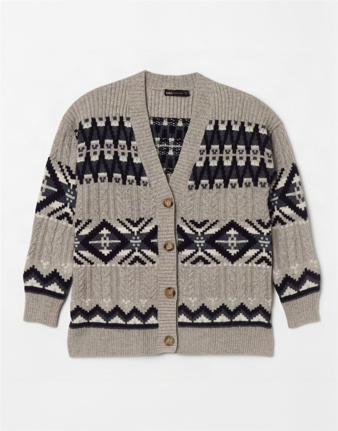Pulover cardigan pentru femei Marks & Spencer UK 14 Medium Gri Fair Isle