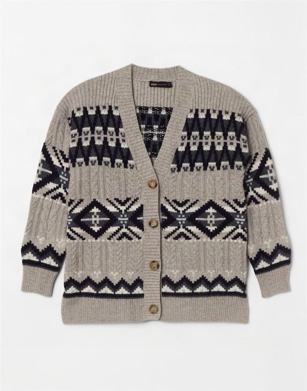 Pulover cardigan pentru femei Marks & Spencer UK 14 Medium Gri Fair Isle