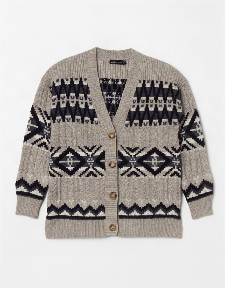 Pulover cardigan pentru femei Marks & Spencer UK 14 Medium Gri Fair Isle