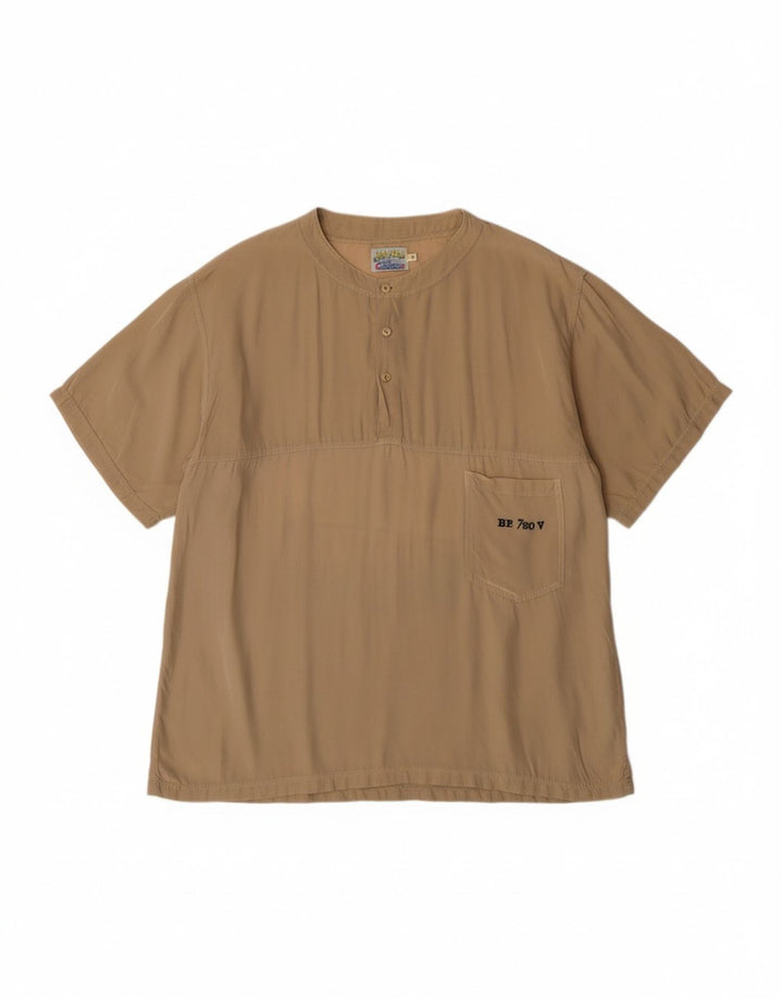 BLUE FLAME Mens Graphic Short Sleeve Pullover Shirt Large Beige Viscose