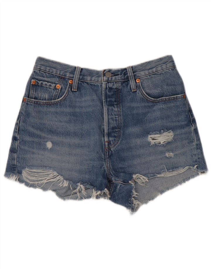 Pantaloni scurți Levi's pentru femei 501 din denim distressed W29, bumbac albastru mediu
