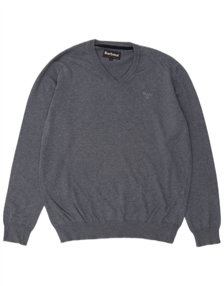 BARBOUR Mens V-Neck Jumper Sweater Large Navy Blue Cotton