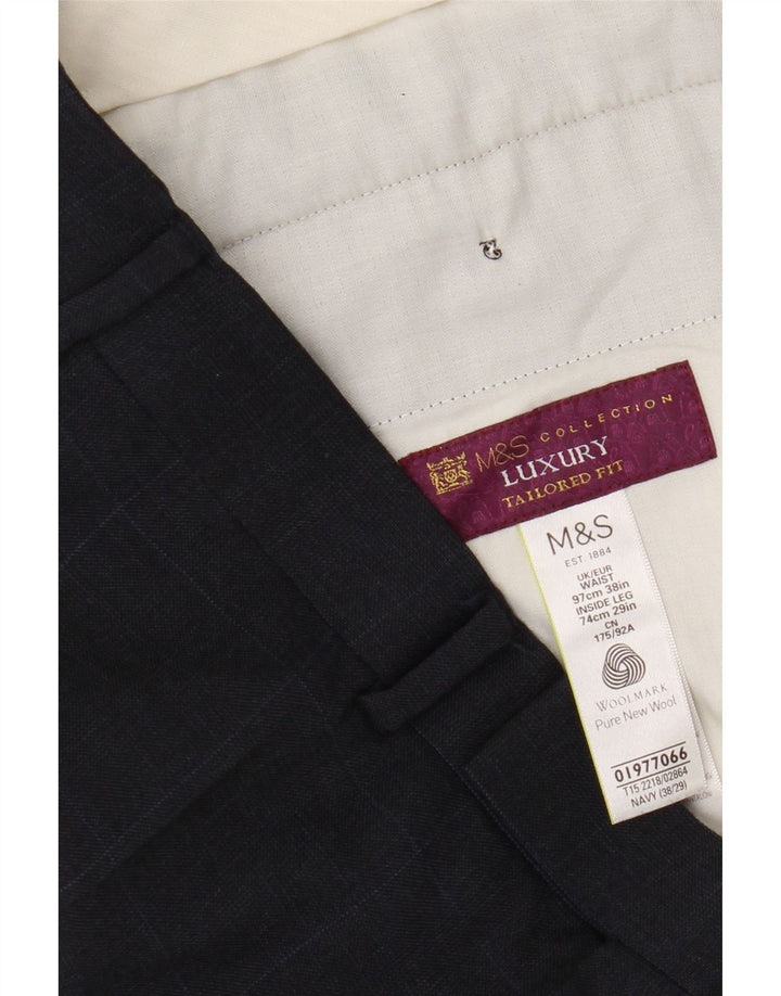 Marks & Spencer Pantaloni drepți pentru bărbați L38 L29 Lână cu carouri bleumarin