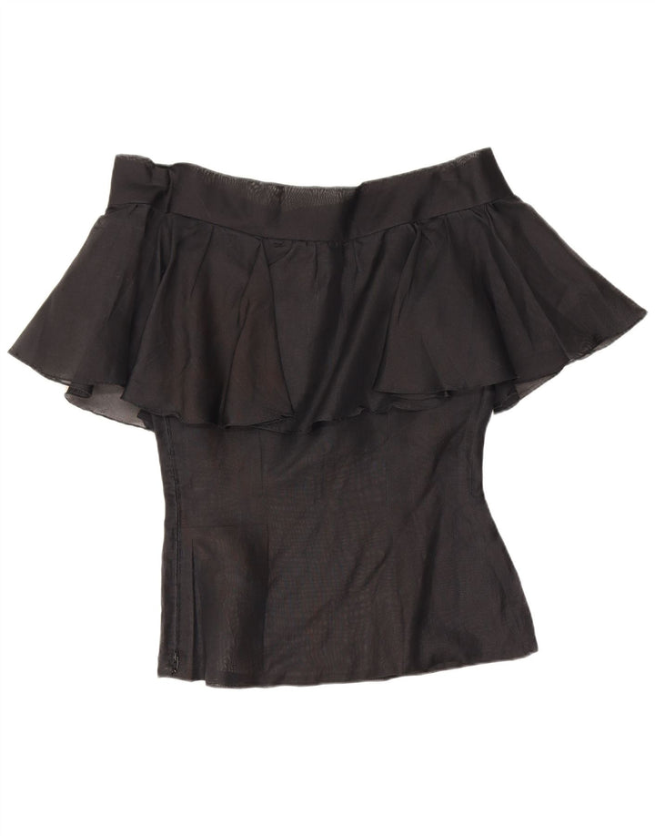 Top de damă vintage cu umăr deschis UK 10 mic, negru, floral