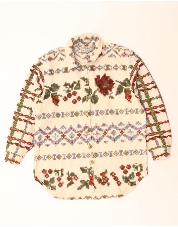 Cămașă vintage din velur pentru femei IT 50 XL din poliester floral alb