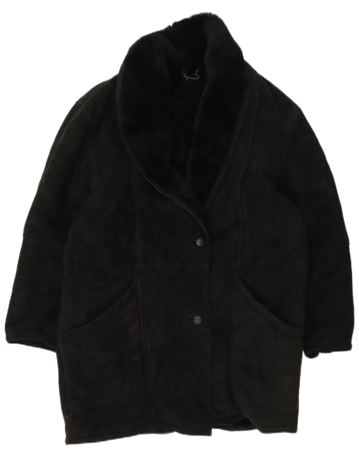 Palton supradimensionat din shearling vintage pentru femei IT 46 mare, negru, din shearling