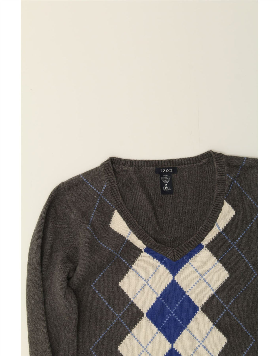 IZOD Womens V-Neck Jumper Sweater UK 14 Medium Grey Argyle/Diamond Cotton Vintage Izod and Second-Hand Izod from Messina Hembry 