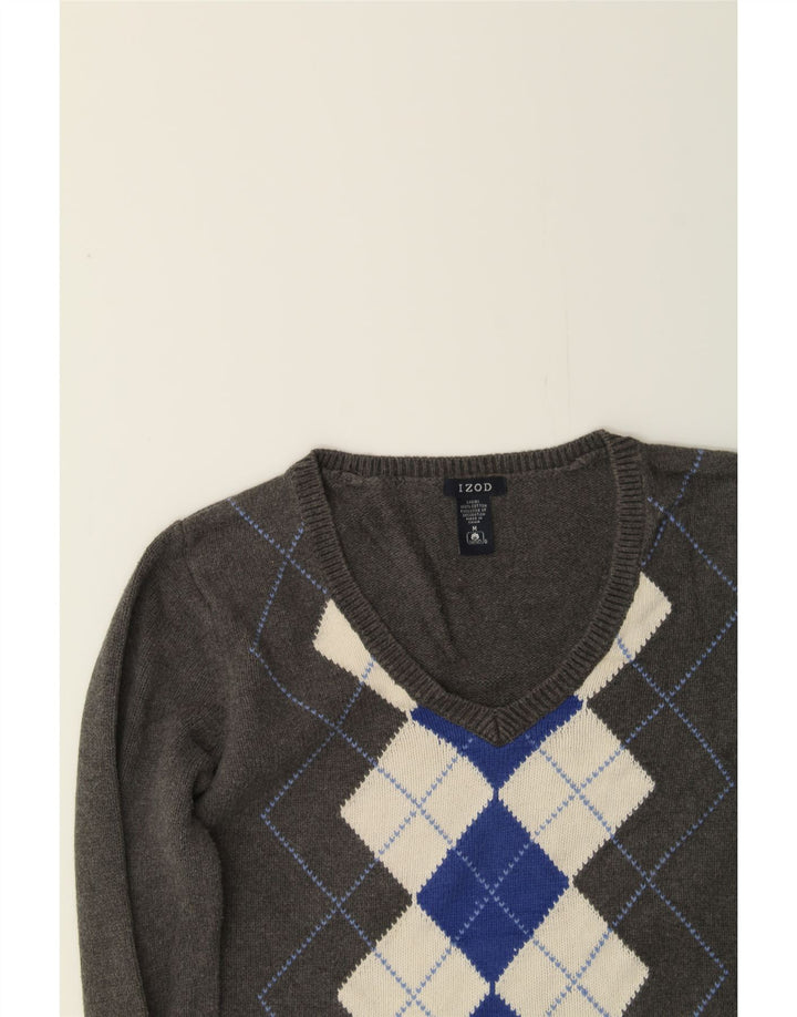 IZOD Womens V-Neck Jumper Sweater UK 14 Medium Grey Argyle/Diamond Cotton Vintage Izod and Second-Hand Izod from Messina Hembry 