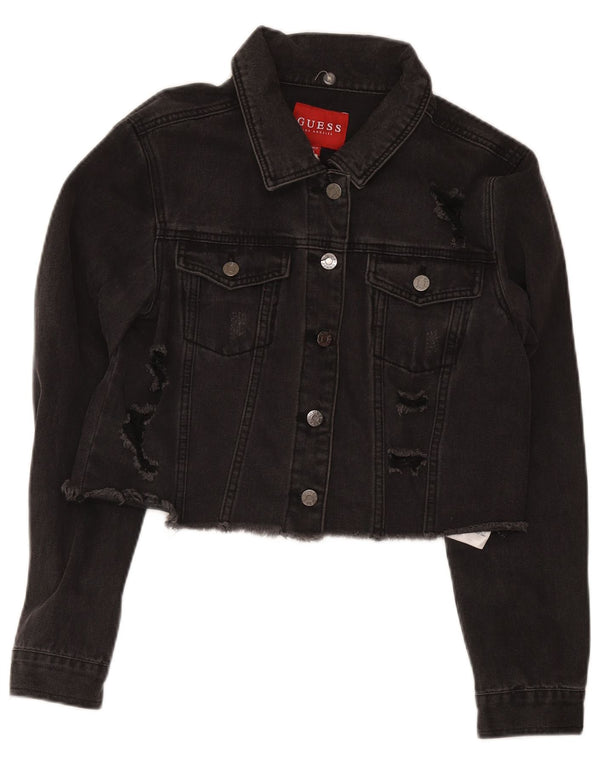Jachetă de denim crop învechită Guess pentru femei UK 12, bumbac mediu negru
