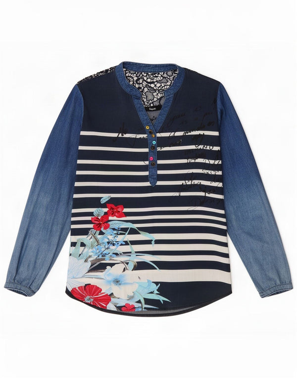 Desigual Bluză cu mânecă lungă pentru femei UK 6 XS Bumbac cu dungi albastre