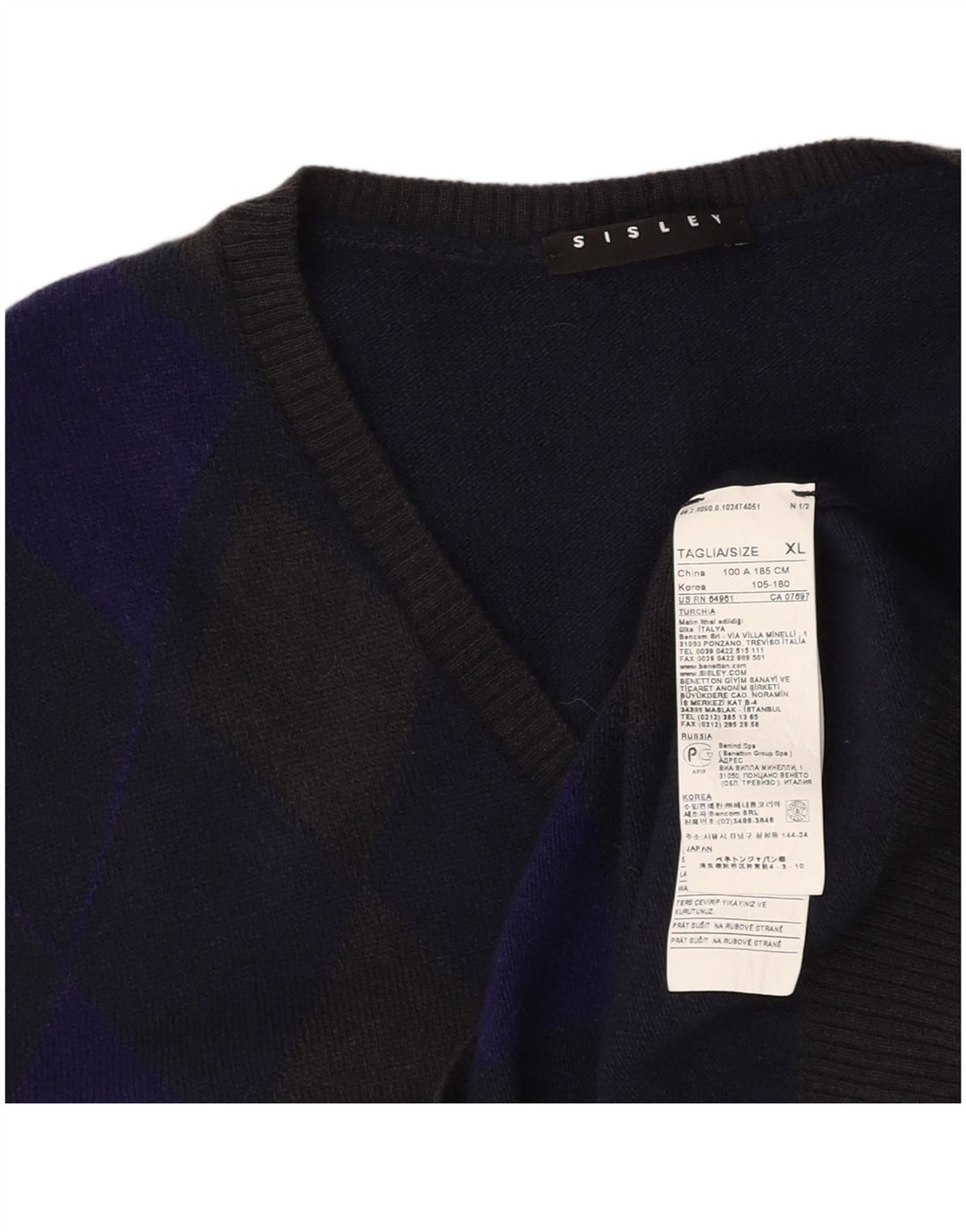 SISLEY Vestă pentru bărbați Tank Top XL Bleumarin Argyle/Lână diamant