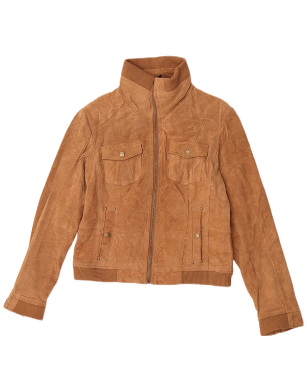 Jachetă vintage pentru femei crop din piele intoarsa UK 14, mare, bej