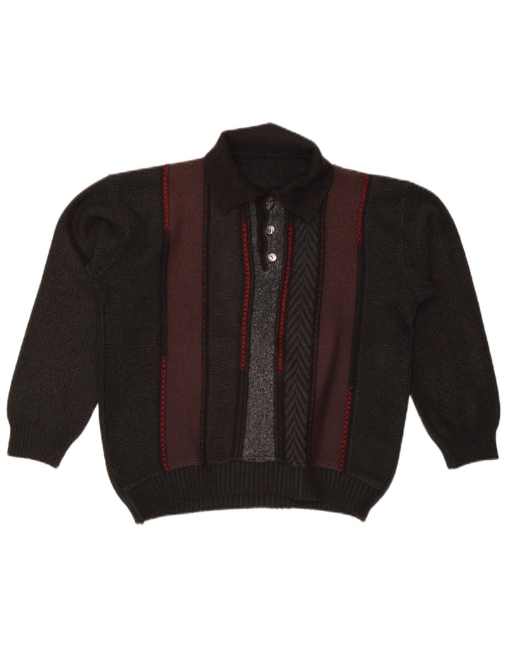 Pulover vintage cu gât polo pentru bărbați, mediu negru, bloc de culoare