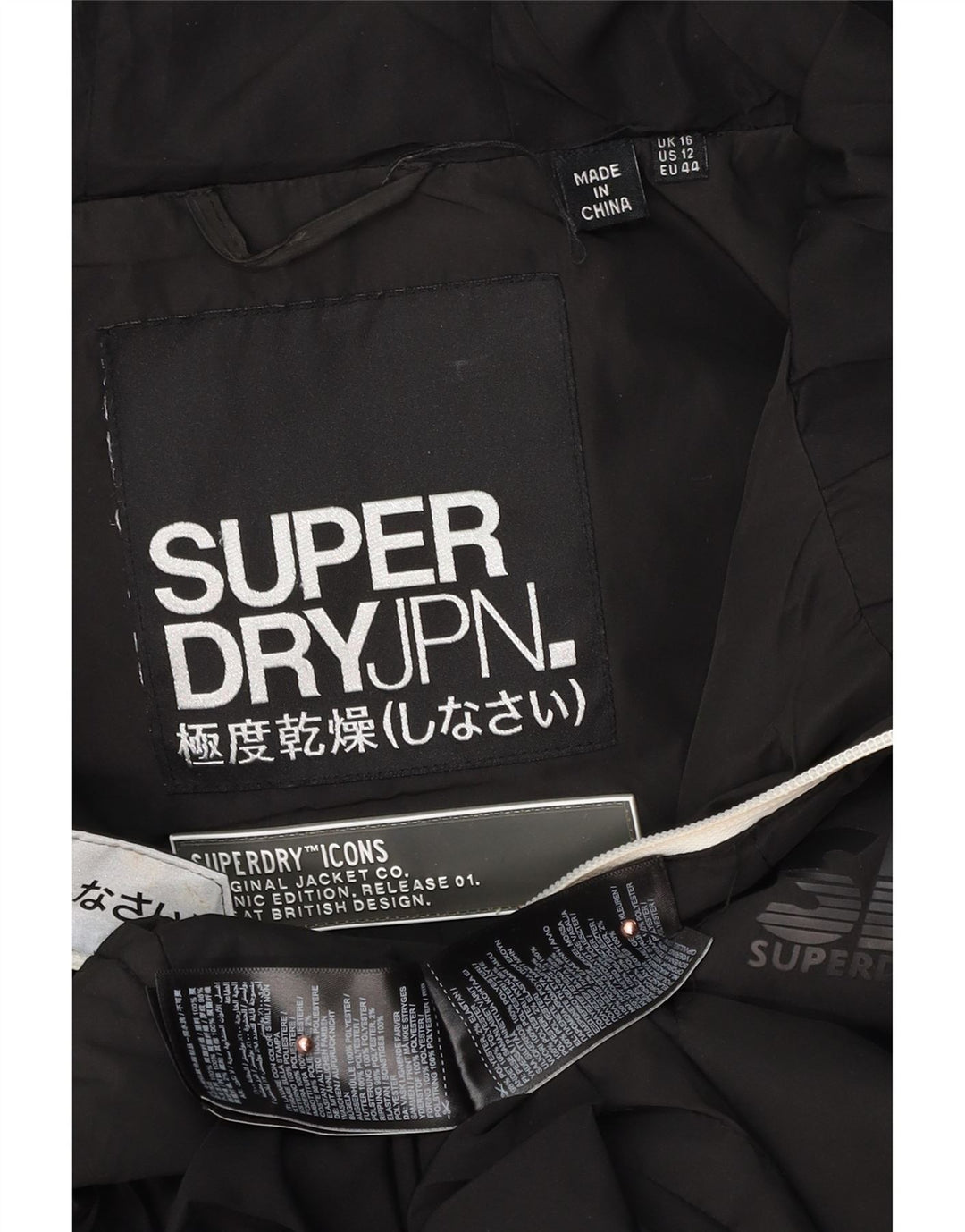 SUPERDRY Jachetă căptușită cu glugă grafică pentru femei UK 16, mare, negru, colorblock