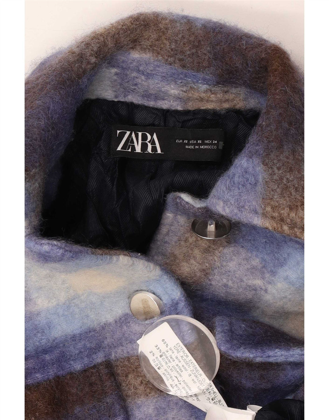 Jachetă supradimensionată pentru femei Zara UK 6 XS Lână carouri albastră