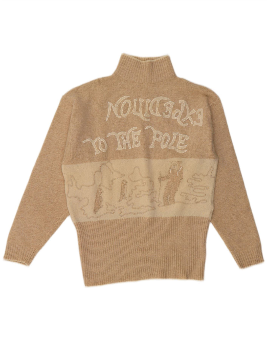 Pulover vintage cu gât țestoasă pentru femei UK 14 Medium Bej Colorblock