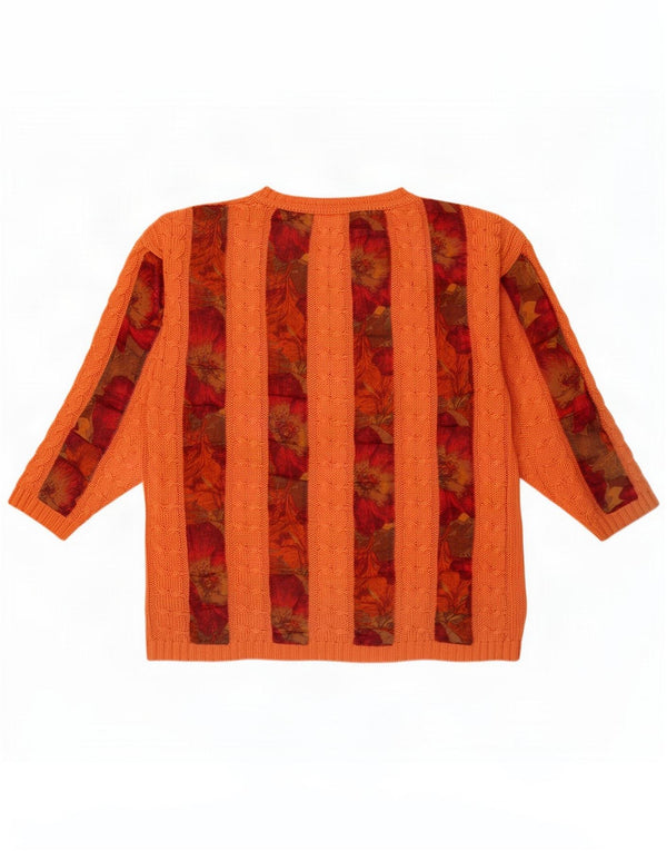 Pulover vintage pentru femei cu gât de barcă, UK 14, bumbac floral, portocaliu mediu