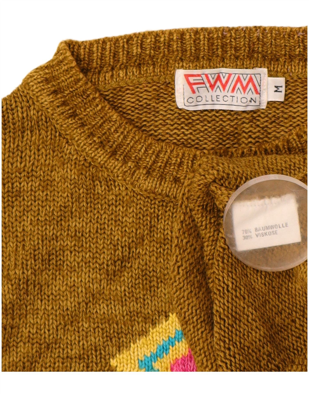 Pulover VINTAGE pentru femei cu decolteu triplu UK 14 Medium Khaki Argyle/Diamond