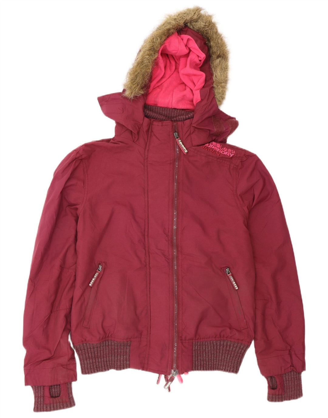 Jachetă bomber cu glugă Superdry pentru femei UK 14 Medium Burgundy Poliester