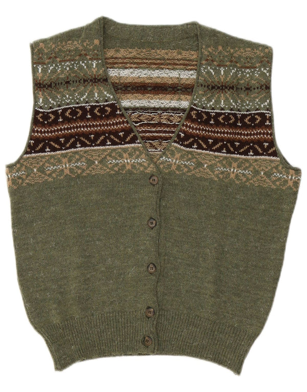 Pulover cardigan fără mâneci pentru femei VINTAGE UK 14 Medium Green Fair Isle