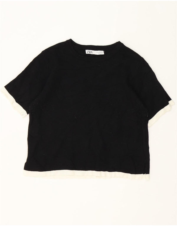 Zara Womens Crop T-Shirt Top UK 12 Medium Black Colourblock Viscose