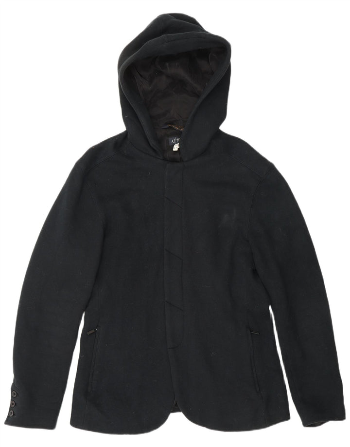 Armani Jeans Womens Hooded Overcoat UK 14 Medium Black Cotton
