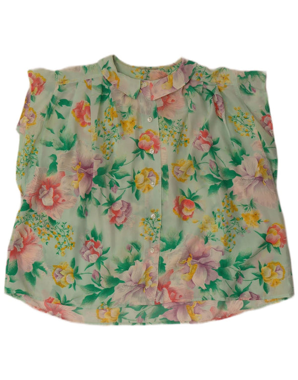 Bluză cămașă supradimensionată pentru femei vintage cu mânecă scurtă UK 16 mare, verde, florală