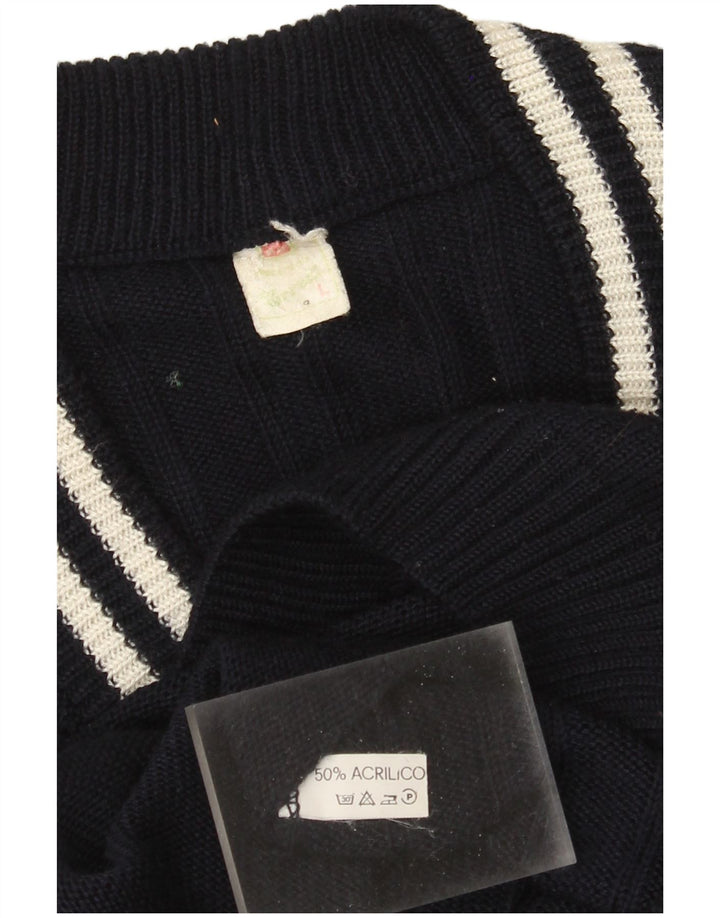 Pulover vintage pentru bărbați cu decolteu în V, mare, acrilic, albastru bleumarin