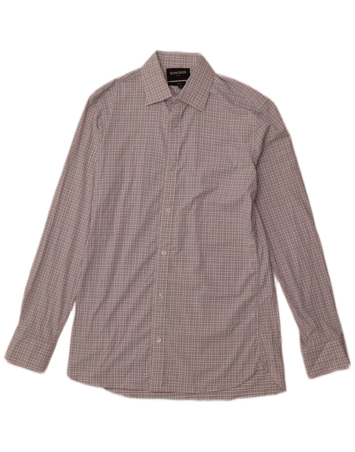 BONOBOS Cămașă pentru bărbați Slim Fit Mărimea 15 1/2 Medium Pink Check Nylon