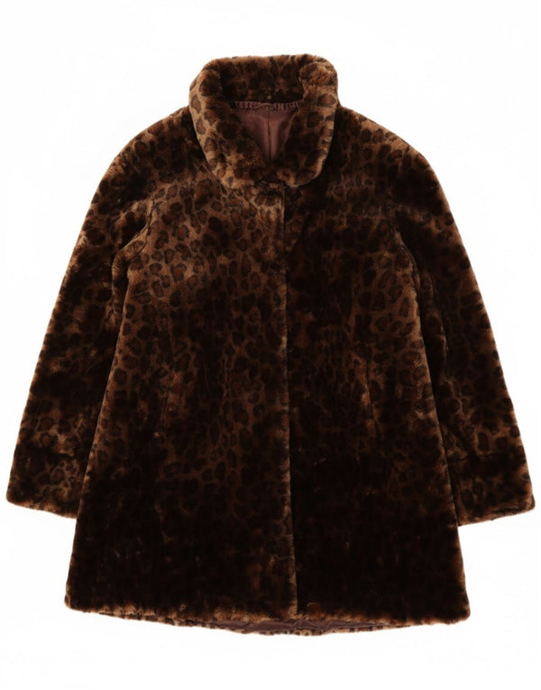 Pardesiu vintage de blană artificială supradimensionată pentru femei UK 10 mic maro imprimeu animal