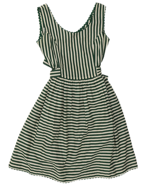 Vintage Womens Sleeveless A-Line Dress UK 10 Small Green Striped Cotton