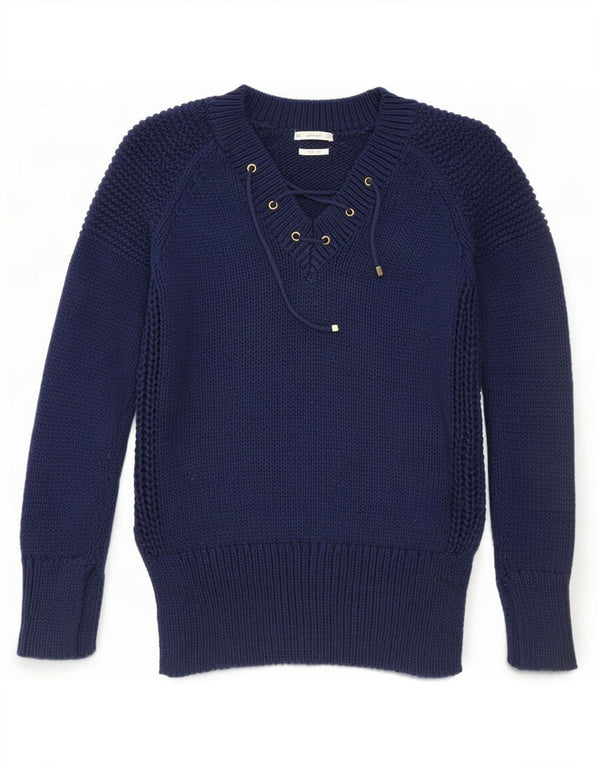 Pulover cu decolteu în V Zara pentru femei UK 10 Bumbac, albastru bleumarin mic