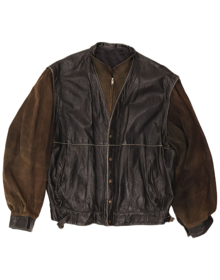 Jachetă de piele vintage pentru bărbați IT 56 3XL din piele neagră color bloc