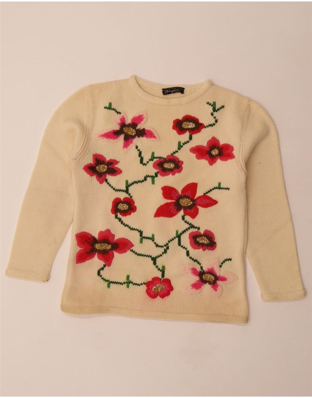 Pulover vintage pentru femei cu gât roșu, pulover UK 14, mediu, alb, floral