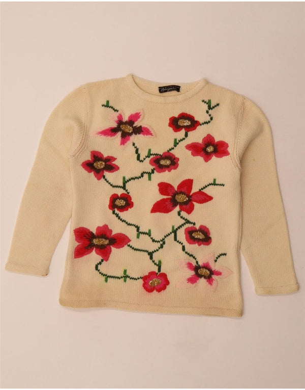 Pulover vintage pentru femei cu gât roșu, pulover UK 14, mediu, alb, floral