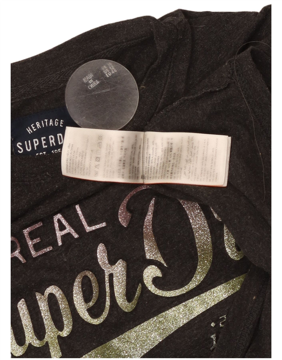 Tricou grafic SUPERDRY pentru femei Top UK 16 mare, gri bumbac cu pete