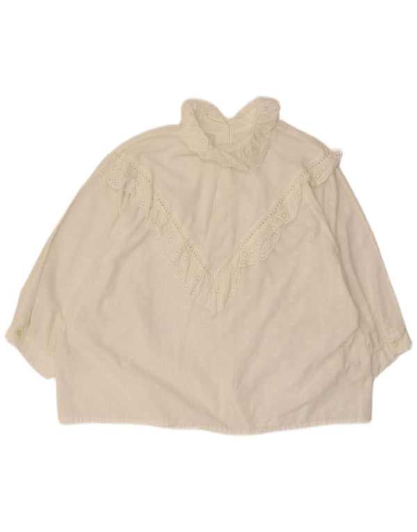 Bluză vintage pentru femei cu mâneci 3/4 cu volane în față, UK 20 2XL, alb