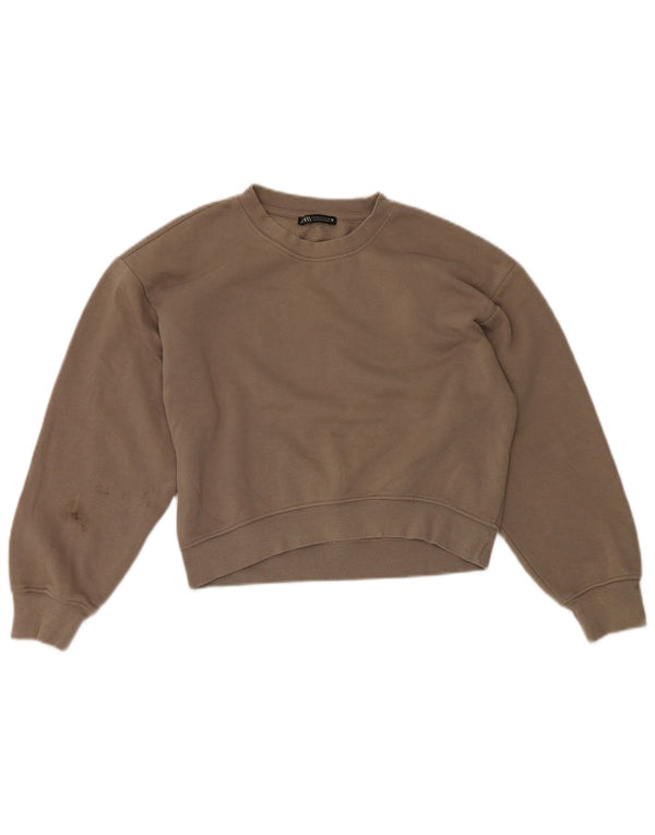 Pulover pentru femei Zara Crop Relaxed Fit UK 8 Bumbac maro mic